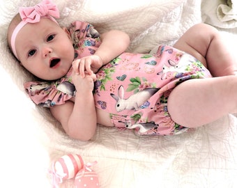 Baby girl clothes, Baby girl romper, Easter Baby romper, Pink Bunny frilled strap romper  Size 0-3 months only Ready to Ship