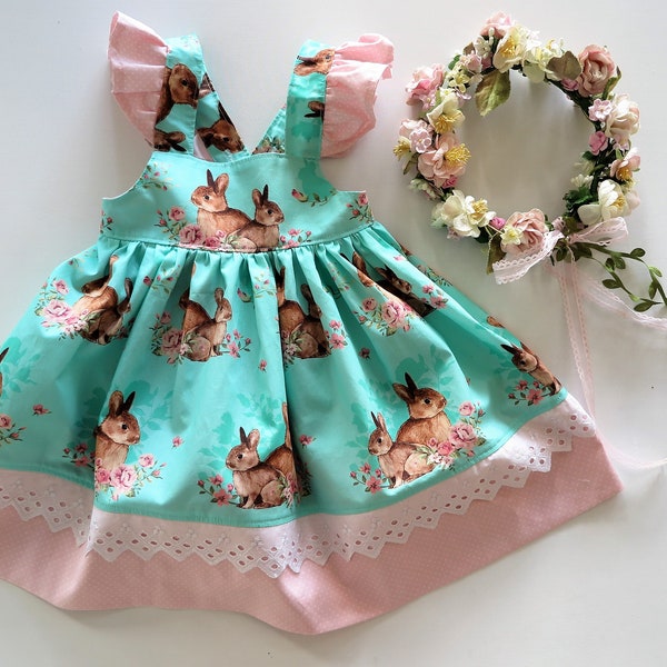 Baby girl clothes, Toddler clothes, Easter toddler dress, Aqua Bunny and floral summer dress with frilled straps.  Size 2 ready to Ship