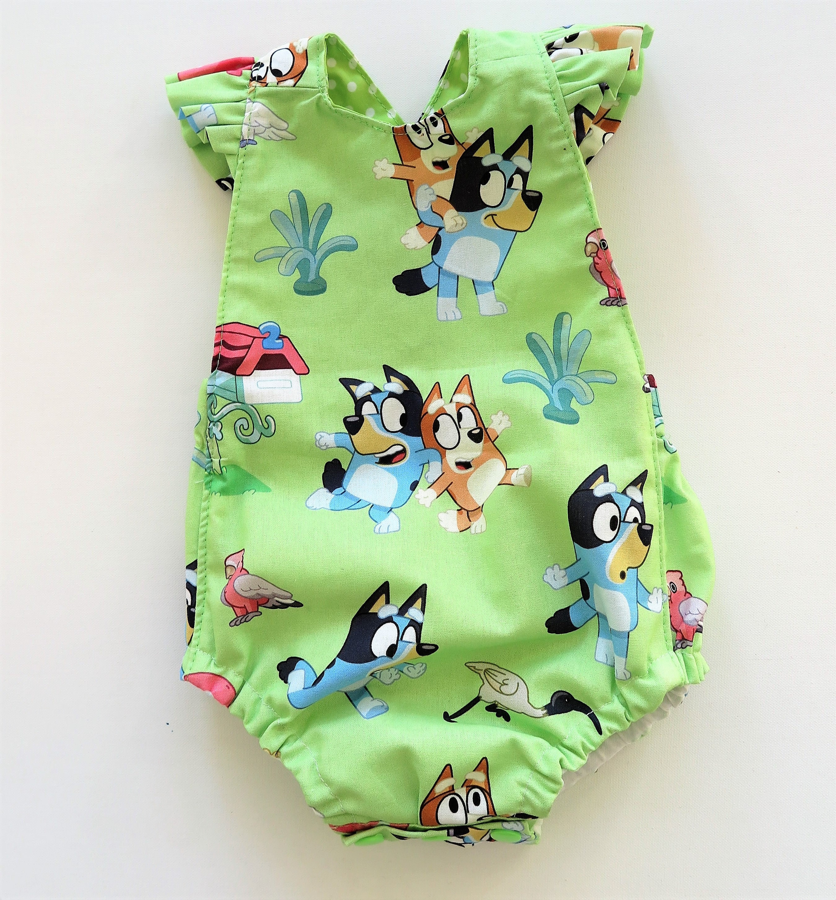 Bluey Baby Girl clothes Bluey Romper Green Bluey baby romper with frilled Straps. Size 0 3 months months Ready to Ship