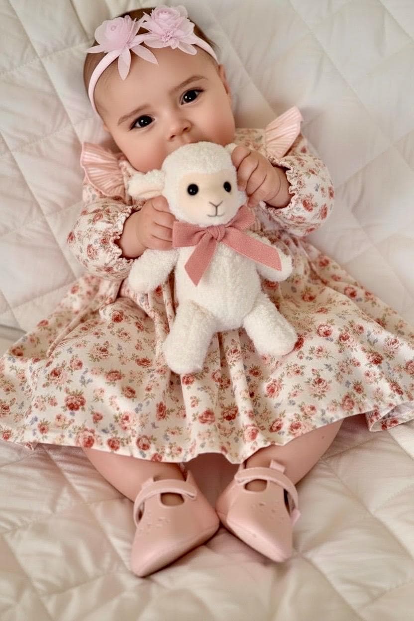 Small apricot rose Print Baby Dress, Cream Pink Stripe, Flutter Sleeve (3-6 Months)