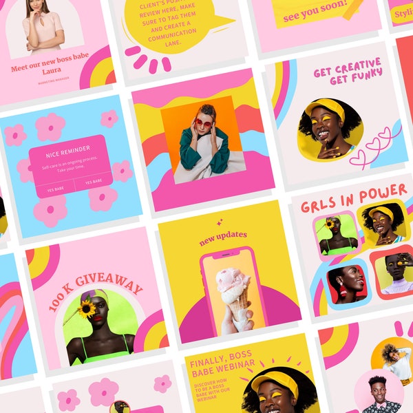 50 Colorful groovy Instagram post templates | engagement boost posts | pink orange yellow blue | Blogging Template | Instant Download