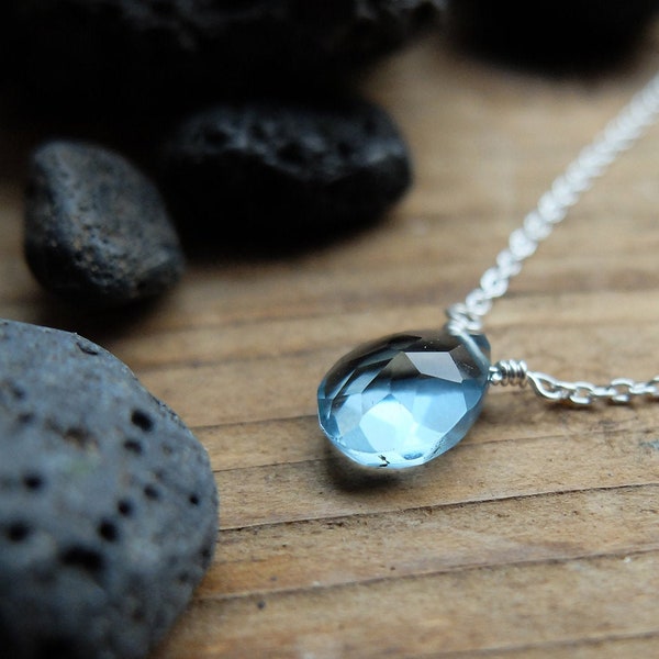 Aqua blue quartz briolette necklace, a sterling silver chain necklace with spring clasp and a lovely aqua blue gemstone. 16, 18 inch