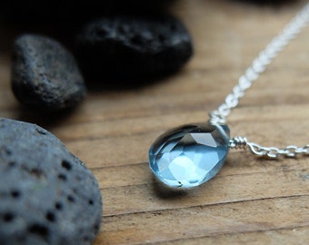 Aqua blue quartz briolette necklace, a sterling silver chain necklace with spring clasp and a lovely aqua blue gemstone. 16, 18 inch