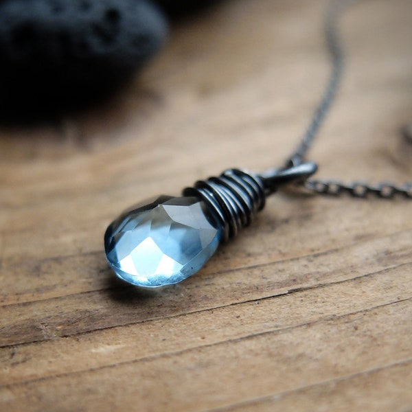 Blue quartz crystal necklace / aqua blue quartz, a stunning faceted stone, with sterling silver oxidized chain,  16, 18 inch