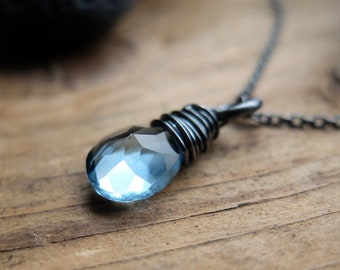 Blue quartz crystal necklace / aqua blue quartz, a stunning faceted stone, with sterling silver oxidized chain,  16, 18 inch