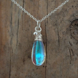 Blue rainbow mystic aura quartz stone necklace, also called mermaid stone / angel quartz, blue rainbow flash, drop necklace, image 1