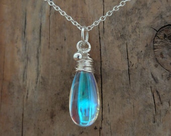 Blue rainbow mystic aura quartz stone necklace, also called mermaid stone / angel quartz, blue+ rainbow flash, drop necklace,