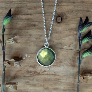 Green labradorite drop necklace, a sterling silver chain necklace with spring clasp with subtle yellow/orange/blue labradorite. 16, 18 inch