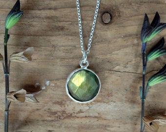 Green labradorite drop necklace, sterling silver chain necklace with spring clasp with subtle yellow/orange/blue labradorite. 16 or 18 inch