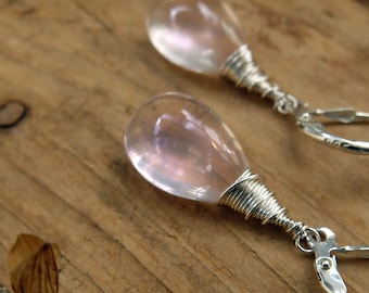 Pink rose-quartz drop and dangle earrings 16, beautiful big rose quartz stones with sterling silver leverback earhooks, very subtle pink