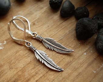 Oxidized Sterling Silver Feather Earrings: Dangle Leverback Jewelry