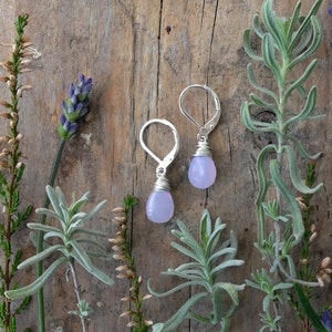 Lavender chalcedony earrings. Chalcedony stone with a color that reminds me of lavender, a very soft blue/violet. Dangle/briolette earrings