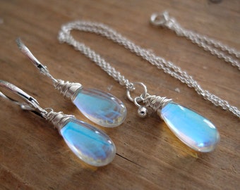 Blue rainbow mystic aura quartz stone drop earrings + necklace, also called mermaid stone / angel quartz, blue+ rainbow flash, jewelry set