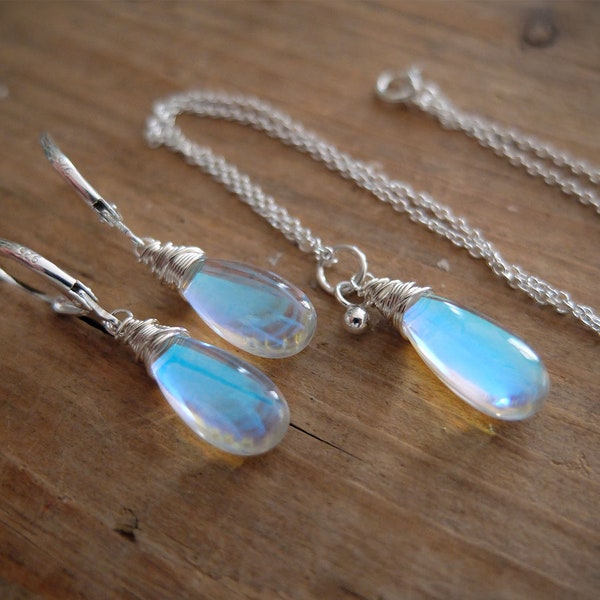 Blue rainbow mystic aura quartz stone drop earrings + necklace, also called mermaid stone / angel quartz, blue+ rainbow flash, jewelry set