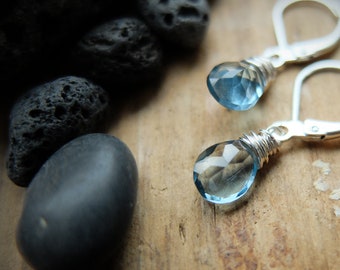 Aqua blue quartz earrings, facetted dangle earrings, beautiful light blue quartz briolettes on sterling silver leverback hooks.