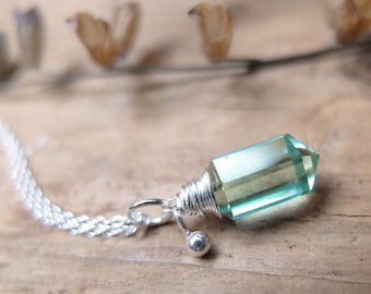 Crystal point necklace, green amethyst on sterling silver chain necklace. 16 or 18 inch. Sea green / aqua green / blue-green / mint green.