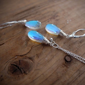 Blue rainbow mystic aura quartz stone drop earrings necklace, also called mermaid stone / angel quartz, blue rainbow flash, jewelry set image 1