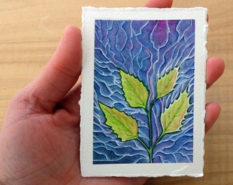 Original watercolor and ink miniature painting, glowing leaves. Handmade original miniature art.