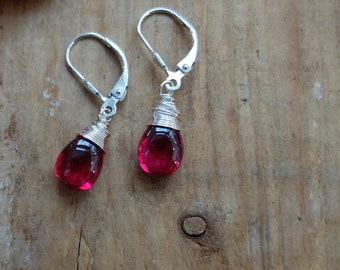 Red rubellite earrings, drop earrings, dangle earrings, briolette jewelry, earrings, gemstones, sterling silver, red jewelry, Valentine gift