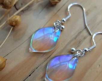 Rainbow glass Sterling Silver Earrings, Iridescent blue / purple / turquoise glass