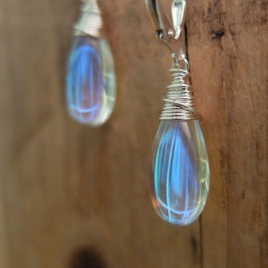 Blue rainbow mystic aura quartz stone drop earrings necklace, also called mermaid stone / angel quartz, blue rainbow flash, jewelry set image 3