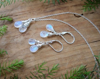 Sterling Silver with Moonstone (blue or rainbow flash) Jewelry Set: Necklace & Earrings