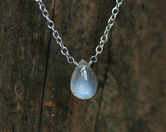 Rainbow moonstone drop necklace, a sterling silver chain necklace with spring clasp and a blue flash drop moonstone. Christmas gift idea.