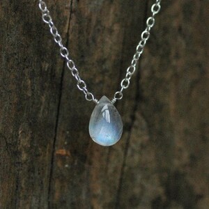 May include: A silver chain necklace with a teardrop-shaped moonstone pendant. The pendant is a light blue color with a shimmery finish. The necklace is hanging on a wooden surface.