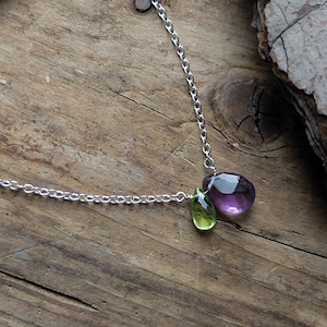 Amethyst and peridot drop necklace, sterling silver necklace with spring clasp, purple and green gemstones. 16, 18 inch, Christmas idea