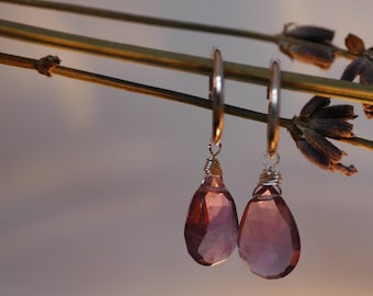 Beautiful purple amethyst stones, facetted briolettes on sturdy sterling silver hoop earrings or leverback hooks.