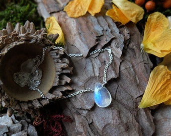 Rainbow moonstone drop necklace, a sterling silver chain necklace with spring clasp and a blue flash drop moonstone. Christmas gift idea.