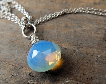 Blue fire opalite necklace, with yellow orange fire in it, sterling silver necklace with spring clasp. 16, 18 inch, Christmas idea!