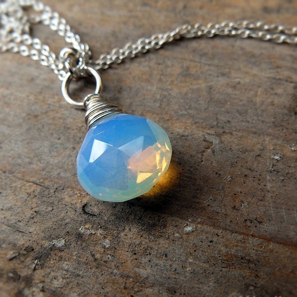 Blue fire opalite necklace, with yellow orange fire in it, sterling silver necklace with spring clasp. 16, 18 inch, Christmas idea!