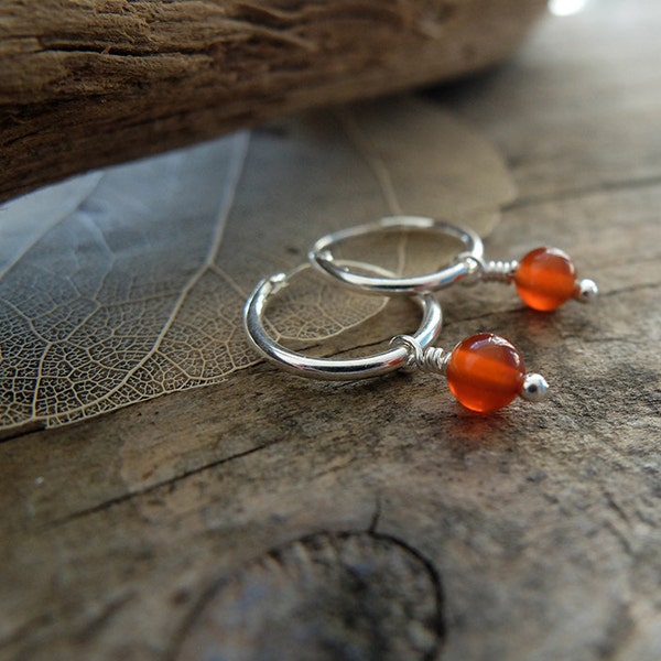 Small hoop earrings with gemstone, sterling silver and orange carnelian, orange earrings - gemstone jewelry - orange stones - silver hoops
