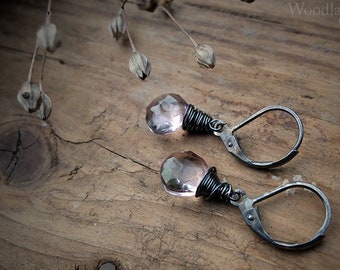 Truly lovely pink quartz crystal earrings and oxidized sterling silver hooks, black and transparent, very soft and warm pink.