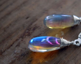 Blue rainbow mystic aura quartz stone drop earrings, also called mermaid stone / angel quartz: sterling silver drop, blue+ rainbow flash