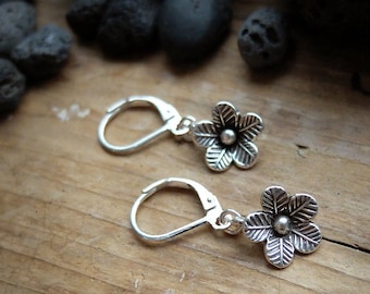 Sterling silver flower earrings with leverback earhooks, oxidized sterling silver flower jewelry, dangle earrings, Christmas idea!