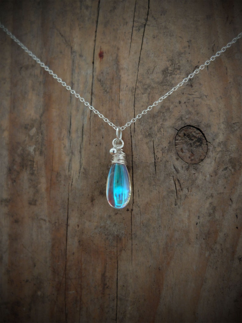 Blue rainbow mystic aura quartz stone necklace, also called mermaid stone / angel quartz, blue rainbow flash, drop necklace, image 1