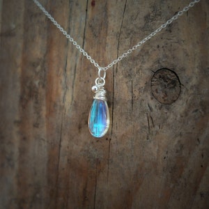 Blue rainbow mystic aura quartz stone necklace, also called mermaid stone / angel quartz, blue rainbow flash, drop necklace, image 2