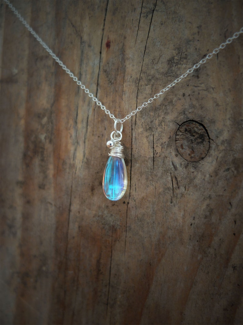 Blue rainbow mystic aura quartz stone necklace, also called mermaid stone / angel quartz, blue rainbow flash, drop necklace, image 2