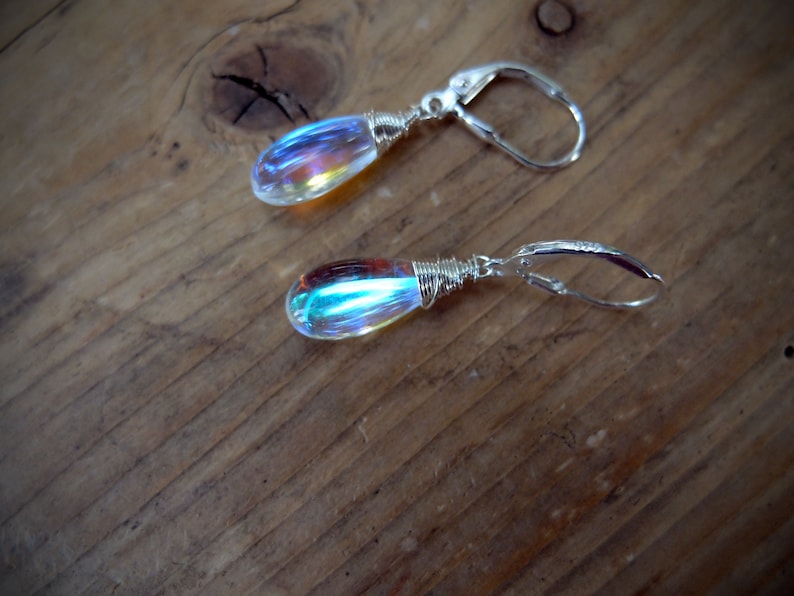 Blue rainbow mystic aura quartz stone drop earrings necklace, also called mermaid stone / angel quartz, blue rainbow flash, jewelry set image 8