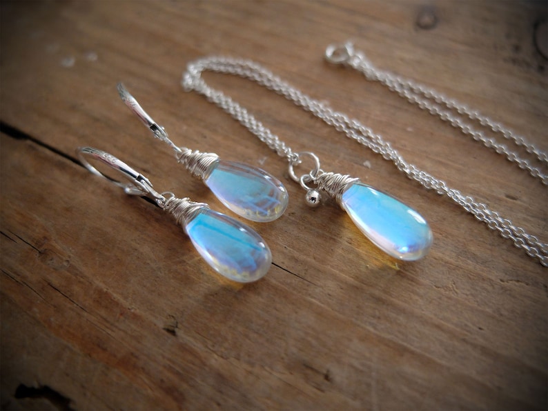 Blue rainbow mystic aura quartz stone drop earrings necklace, also called mermaid stone / angel quartz, blue rainbow flash, jewelry set image 2