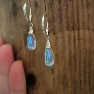 Blue rainbow mystic aura quartz stone drop earrings necklace, also called mermaid stone / angel quartz, blue rainbow flash, jewelry set image 7