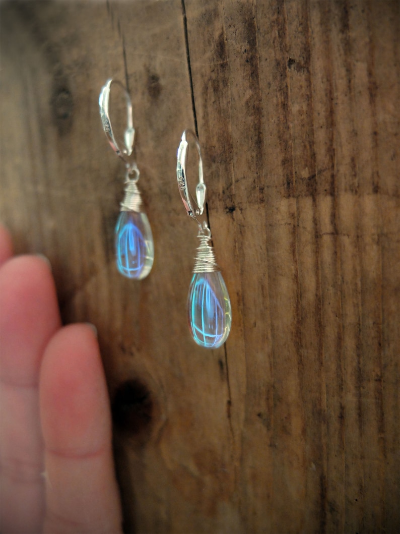 Blue rainbow mystic aura quartz stone drop earrings necklace, also called mermaid stone / angel quartz, blue rainbow flash, jewelry set image 7