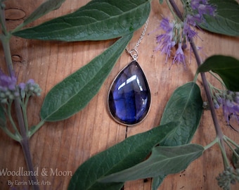Large Labradorite Sterling Silver Pendant Necklace - Deep Blue Gemstone
