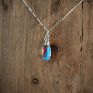 Blue rainbow mystic aura quartz stone necklace, also called mermaid stone / angel quartz, blue rainbow flash, drop necklace, image 3