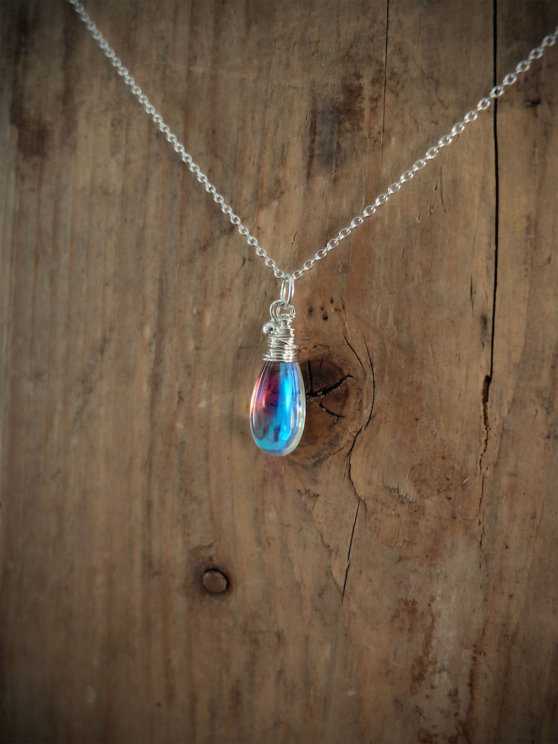 Blue rainbow mystic aura quartz stone necklace, also called mermaid stone / angel quartz, blue rainbow flash, drop necklace, image 3