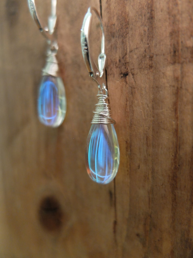 Blue rainbow mystic aura quartz stone drop earrings necklace, also called mermaid stone / angel quartz, blue rainbow flash, jewelry set image 3