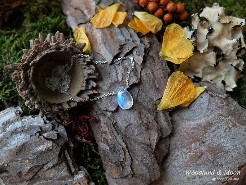 May include: A silver chain necklace with a teardrop-shaped moonstone pendant. The necklace is displayed on a piece of wood with dried flower petals and moss.