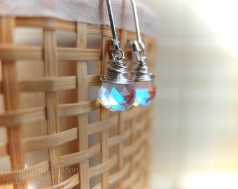 Blue mystic rainbow aura quartz earrings, drop earrings, dangle earrings, briolette jewelry, earrings, sterling silver, blue + rainbow flash